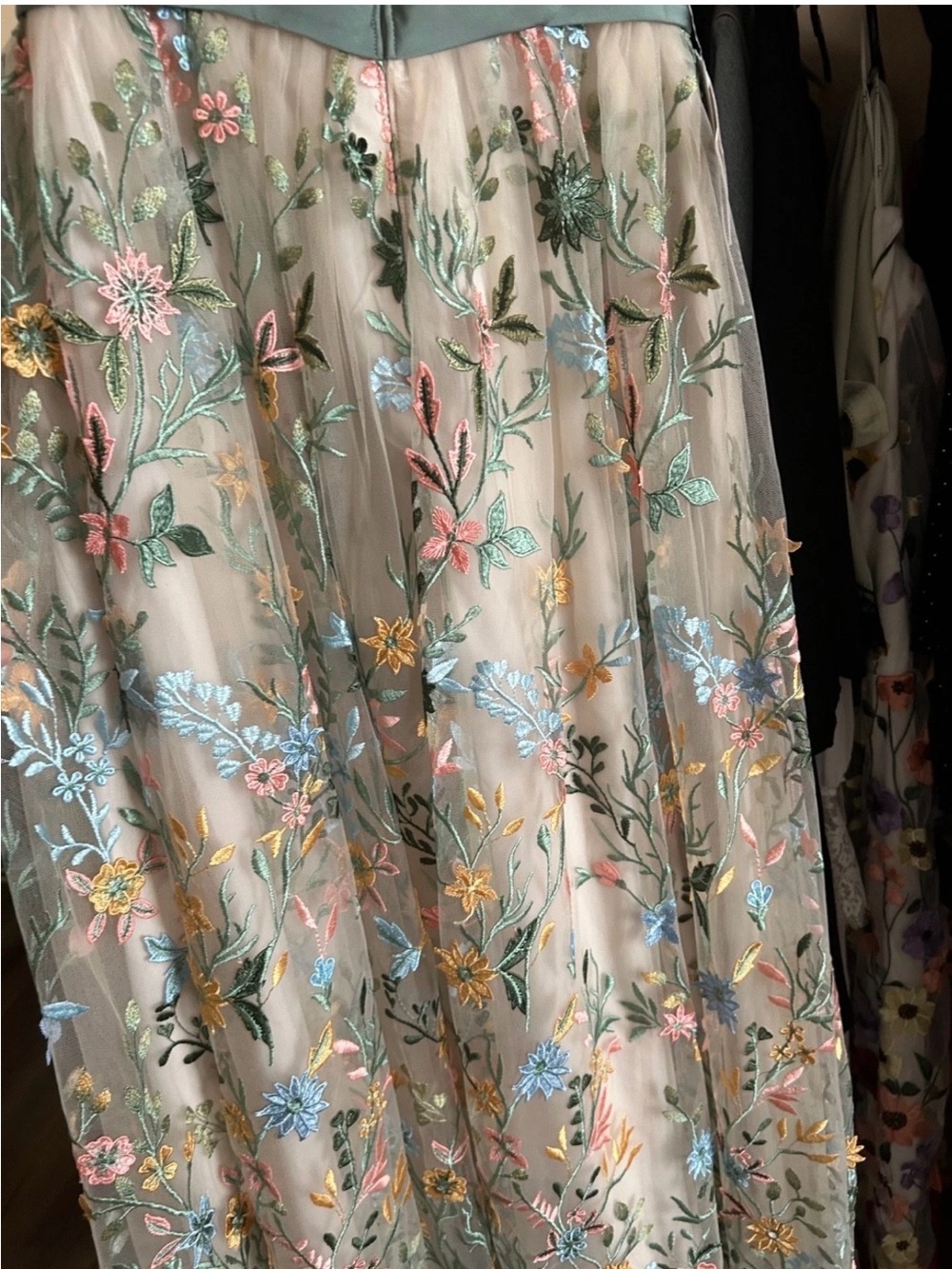 Azazie Champagne Floral Maxi Dress with Green Sash - Picture 9 of 10